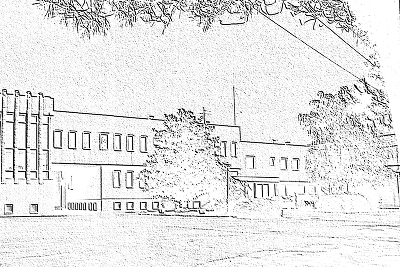 black and white drawing of Everton's headquarters